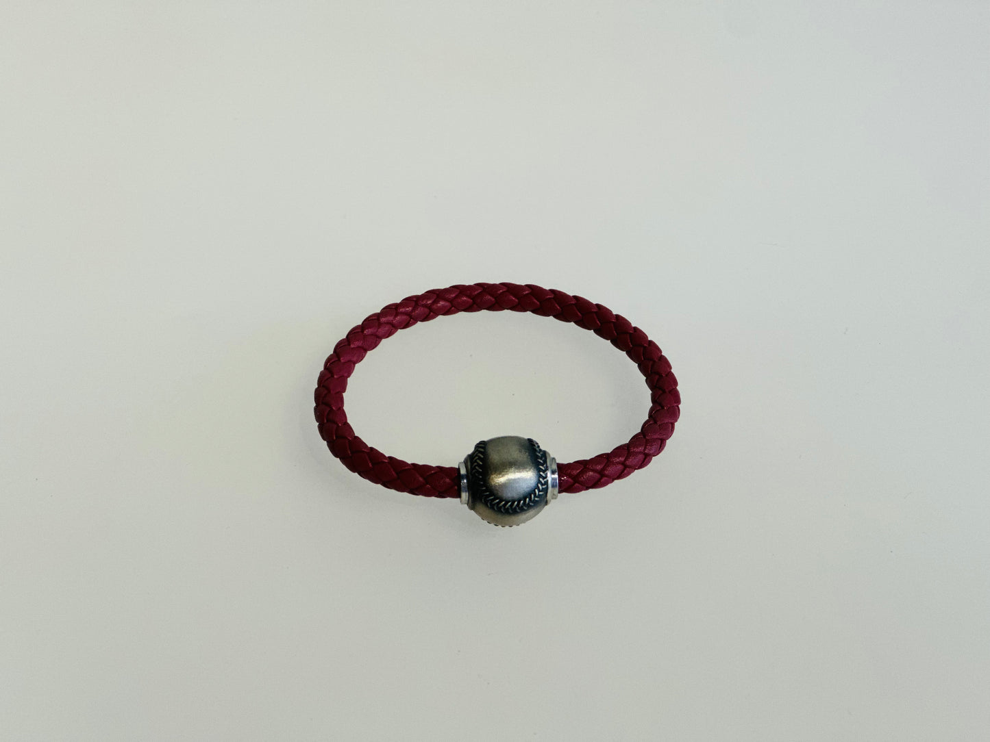 Burgundy Italian leather bracelet with silver baseball