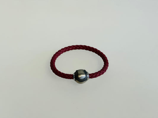Burgundy Italian leather bracelet with silver baseball