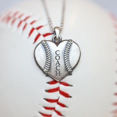 Coach Baseball Heart Pendant in Sterling Silver, Gift, Engraved
