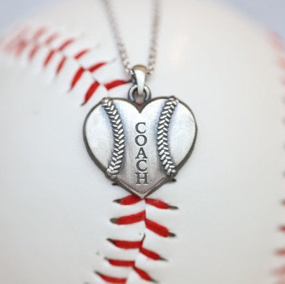 Coach Baseball Heart Pendant in Sterling Silver, Gift, Engraved