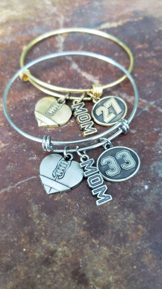 Personalized Football Heart, Mom, Charm Bracelet, Jersey Number
