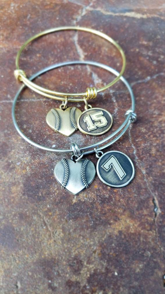 Baseball-Softball Heart Charm Bracelet with Jersey Number