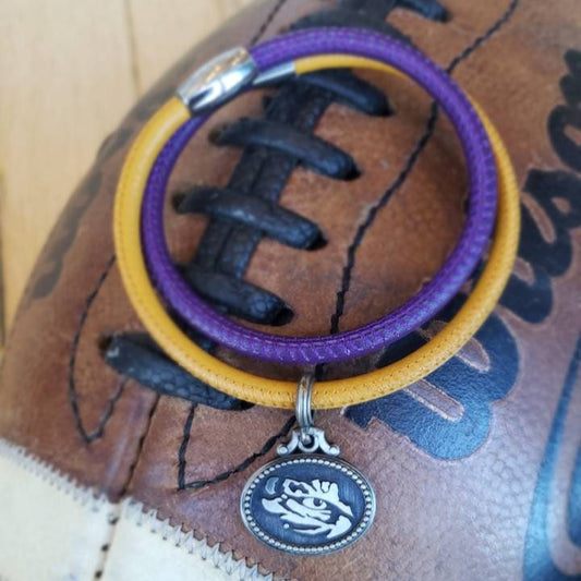 LSU, Tigers, Antiqued Coin Charm Bracelet on Purple & Gold Nappa Leather
