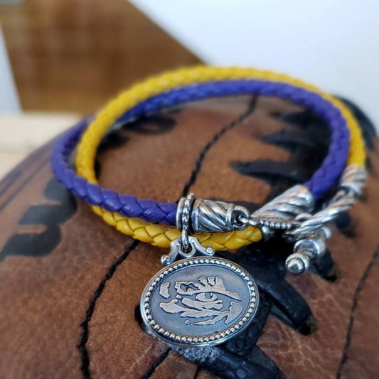 LSU Sterling Silver, Leather Charm Bracelet