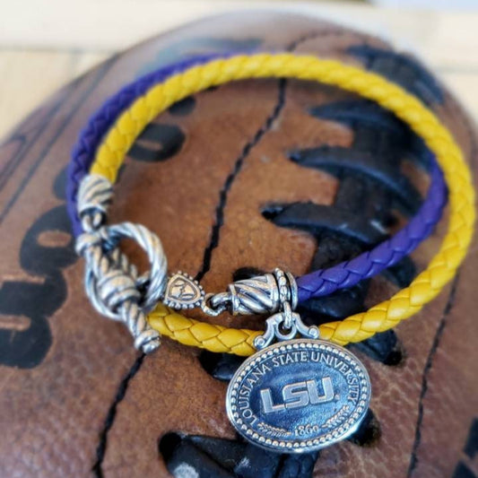LSU Sterling Silver, Leather Charm Bracelet