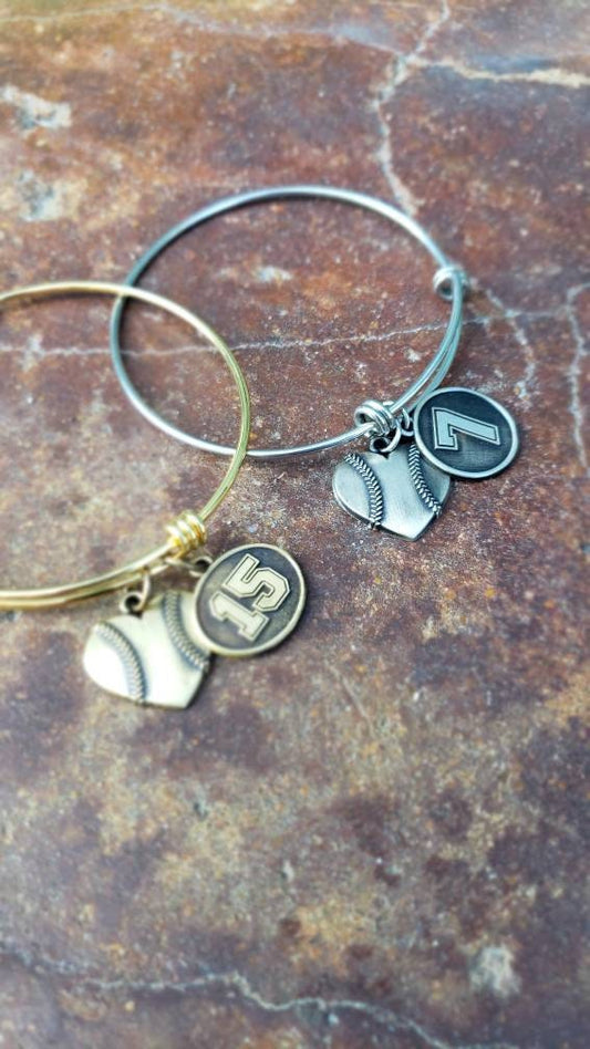 Baseball-Softball Heart Charm Bracelet with Jersey Number
