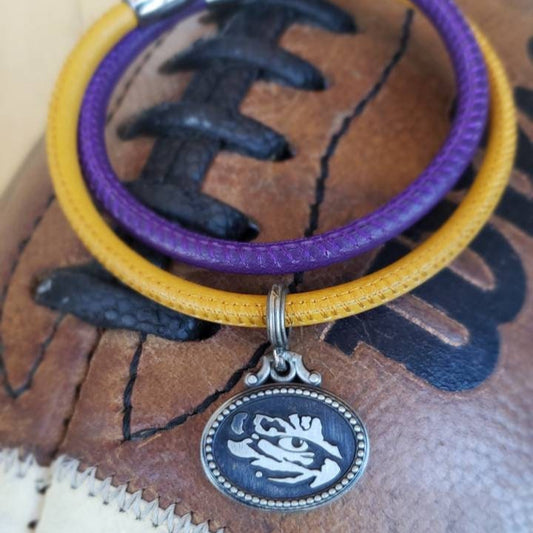 LSU, Tigers, Antiqued Coin Charm Bracelet on Purple & Gold Nappa Leather