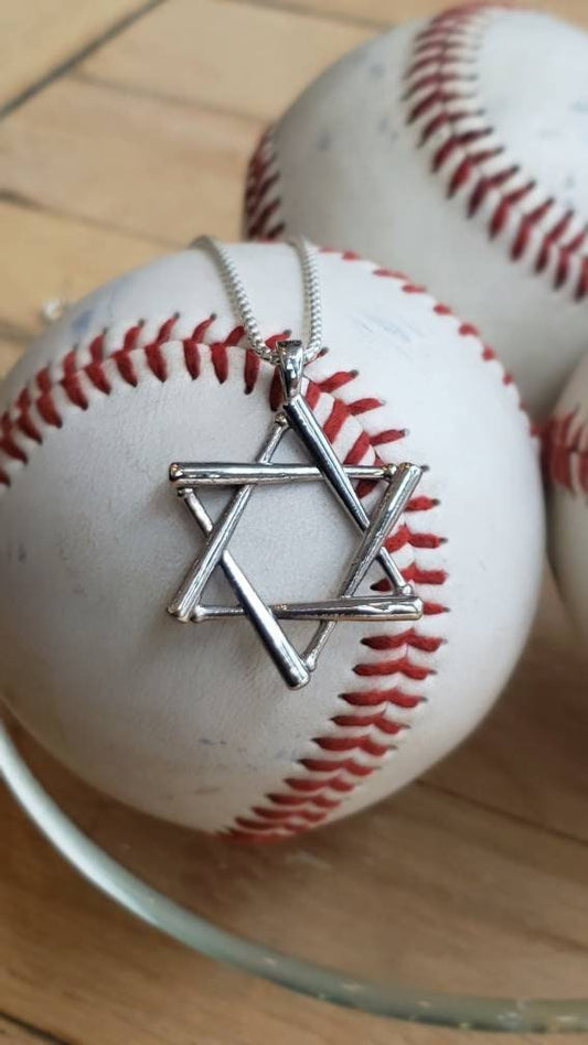 Star of David Baseball Bat Silver Necklace