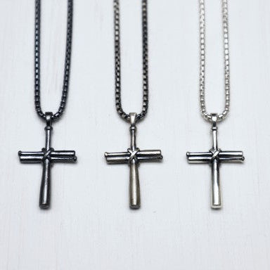 Baseball Cross Sterling silver Lobster clasp Rounded box chain Metal finish (in pictured order) gun metal, brushed, high polished