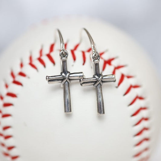 Baseball Cross Earrings in Sterling Silver