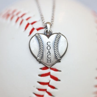 Coach Baseball Heart Pendant in Sterling Silver, Gift, Engraved