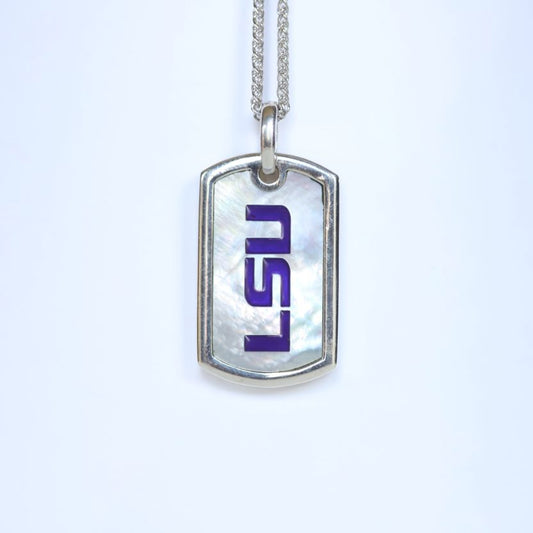 This piece is perfect for men or women! Each Mother of Pearl is one-of-a-kind. Features: Sterling silver Mother of pearl with purple enamel inlay Lobster clasp Pendant: 29x17mm LSU Loisianna State University