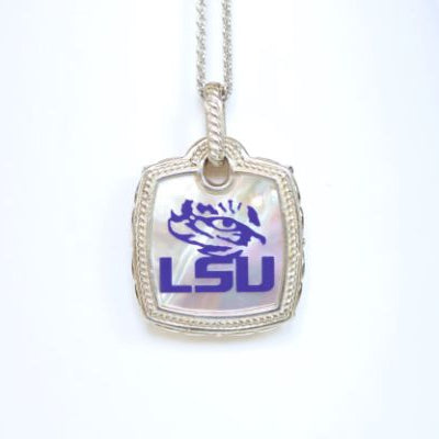 Perfect for any season! Each Mother of Pearl is one-of-a-kind. Features: Sterling silver Mother of pearl with purple enamel inlay Lobster clasp Pendant: 22x22mm LSU Louisiana State University Football Baseball Soccer Volleyball Track Graduate Grad Graduation Mom Dad Mother Father Wedding Gift Present Tigers Geaux Baton Rouge