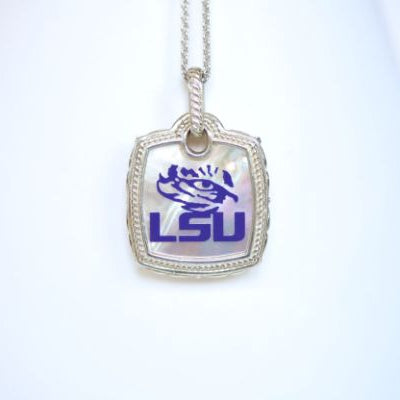 Perfect for any season! Each Mother of Pearl is one-of-a-kind. Features: Sterling silver Mother of pearl with purple enamel inlay Lobster clasp Pendant: 22x22mm LSU Louisiana State University Football Baseball Soccer Volleyball Track Graduate Grad Graduation Mom Dad Mother Father Wedding Gift Present Tigers Geaux Baton Rouge
