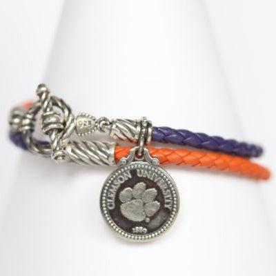 Clemson Sterling & Leather Double Wrap Bracelet