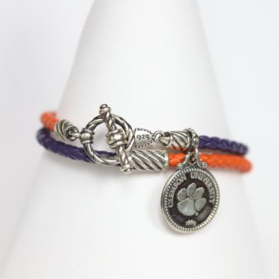 Clemson Sterling & Leather Double Wrap Bracelet