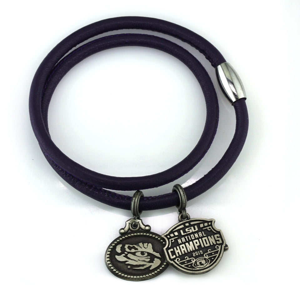 LSU National Champions Double Wrap Purple Leather Coin Bracelet