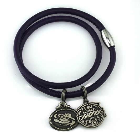 LSU National Champions Double Wrap Purple Leather Coin Bracelet
