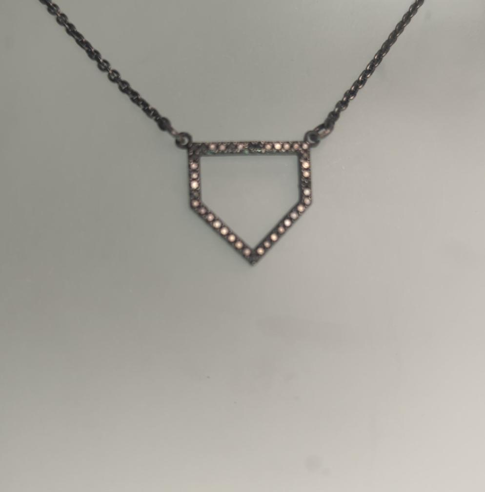 Homeplate oxidized silver with black diamonds with black cable chain