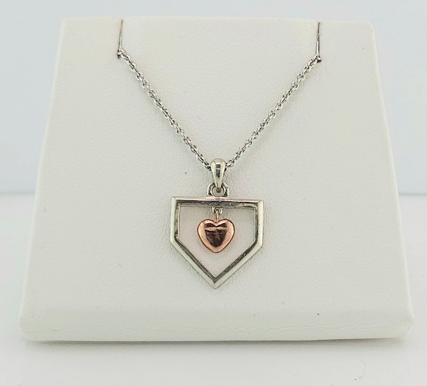 Silver Home Plate Rose Gold Heart Drop Pendant