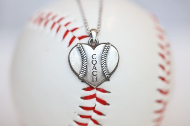 Coach Baseball Heart Pendant in Sterling Silver, Gift, Engraved
