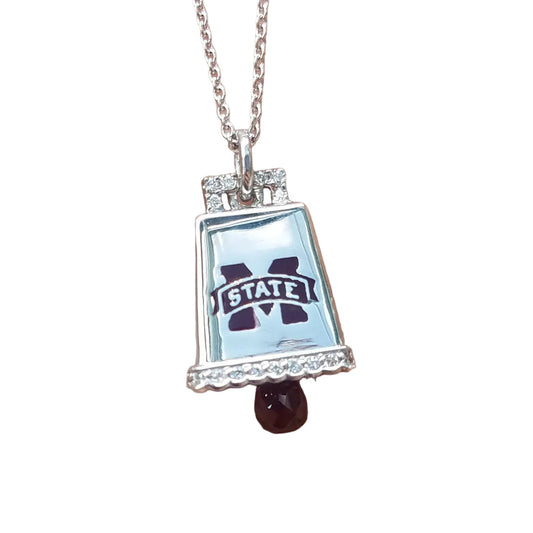 Mississippi State Bulldogs Cowbell Pendant in 14k White Gold with Diamonds & Garnet