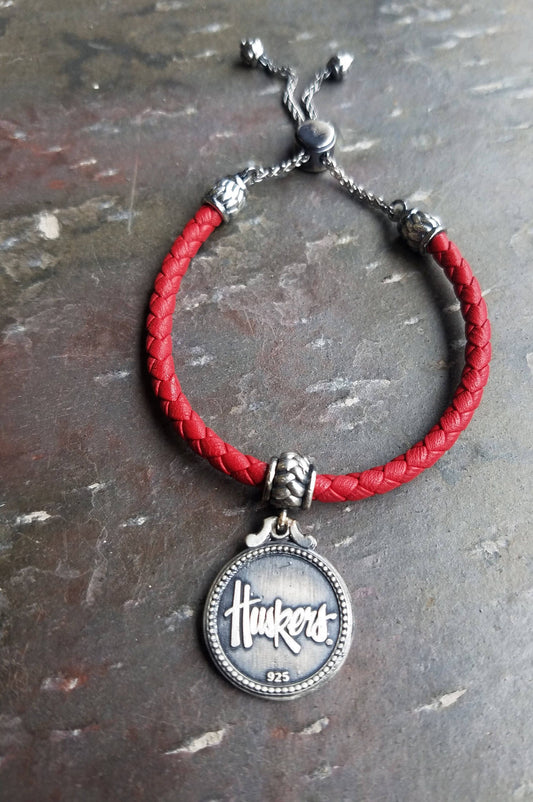 Nebraska Cornhuskers Sterling Silver Red Leather Bracelet