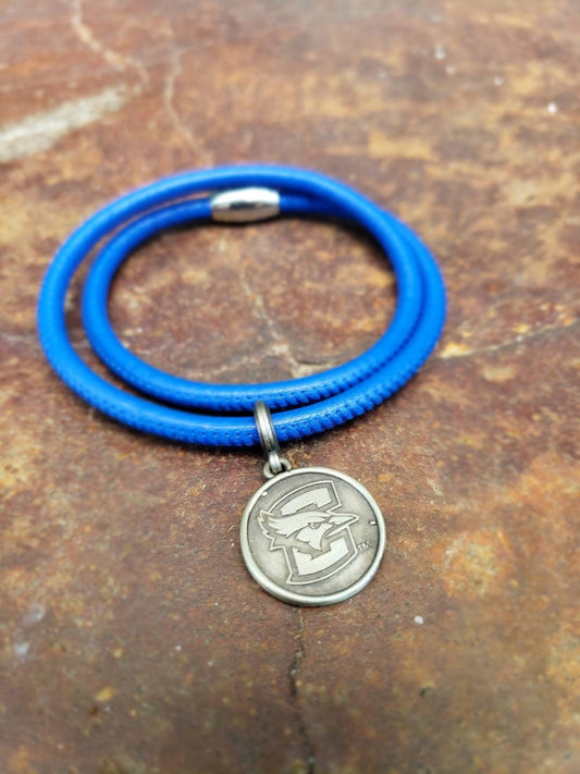 Creighton University, Leather Bracelet with Antiqued Blue Jay Charm