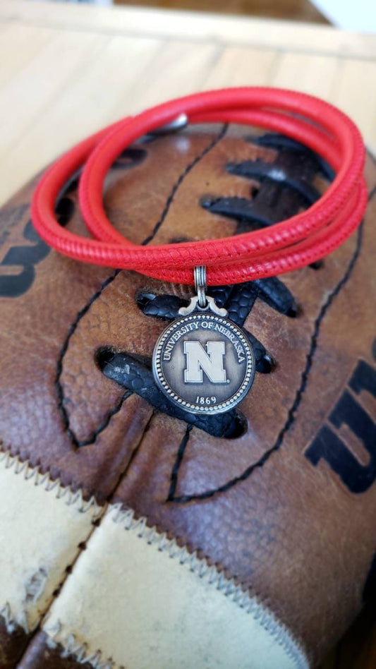 Nebraska Huskers Leather Antique Charm Bracelet