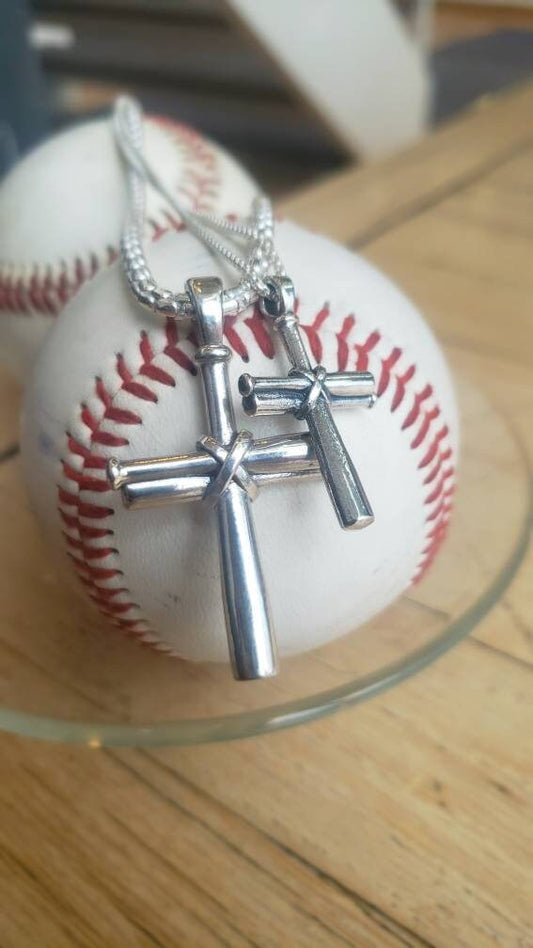 Men's Baseball Bat Cross Sterling Silver Necklace
