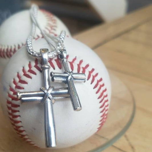 Men's Baseball Bat Cross Sterling Silver Necklace