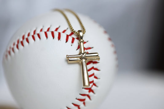 Men's 14k Gold Baseball Bat Cross Necklace