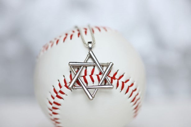 This is our sterling silver Star of David made with baseball bats! Perfect for teenage years on up.   ﻿Product Details  Sterling silver Lobster clasp Rounded box chain High Polished Sterling Silver Necklace box included