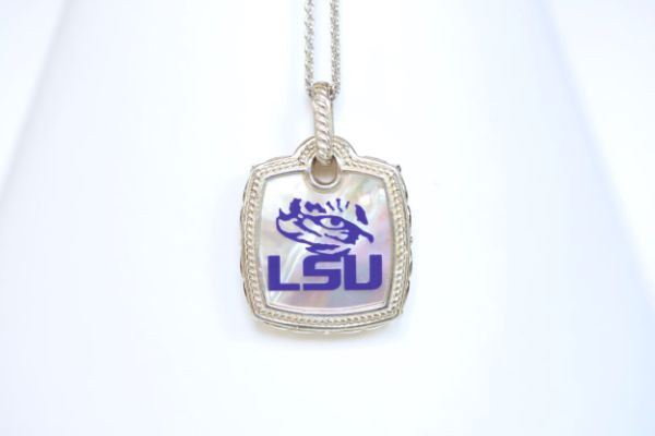Perfect for any season! Each Mother of Pearl is one-of-a-kind.  Features:  Sterling silver Mother of pearl with purple enamel inlay Lobster clasp Pendant: 22x22mm LSU Louisiana State University Football Baseball Soccer Volleyball Track Graduate Grad Graduation Mom Dad Mother Father Wedding Gift Present Tigers Geaux Baton Rouge 
