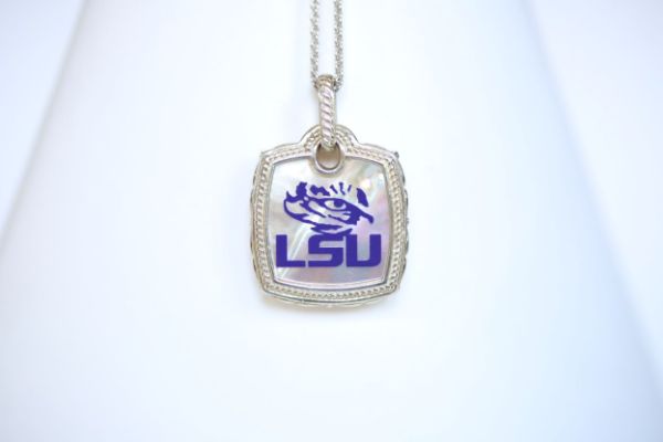Perfect for any season! Each Mother of Pearl is one-of-a-kind.  Features:  Sterling silver Mother of pearl with purple enamel inlay Lobster clasp Pendant: 22x22mm LSU Louisiana State University Football Baseball Soccer Volleyball Track Graduate Grad Graduation Mom Dad Mother Father Wedding Gift Present Tigers Geaux Baton Rouge